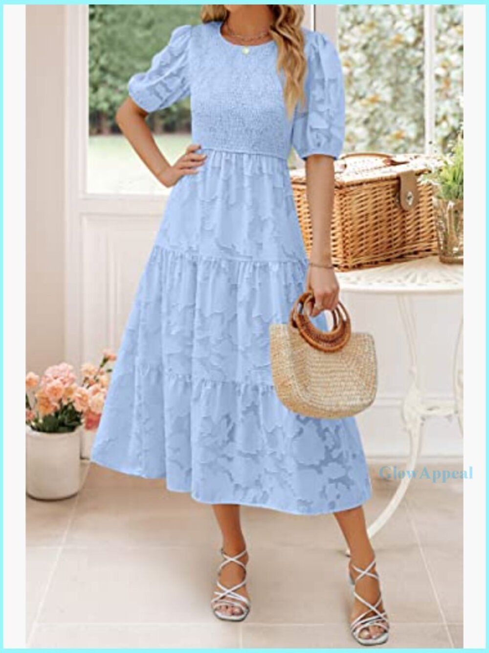 Summer Puff Sleeve Smocked Maxi Dress Floral Lace Tiered Midi - Picture 6 of 7